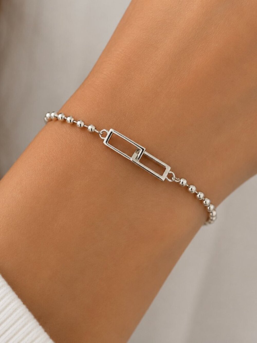 925 Sterling Silver Dainty Link Bracelet Rectangle Link Bead Bracelet